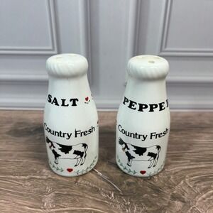 Salt Pepper Shakers Kitchen White Vintage Milk Bottles Cow Country Fresh